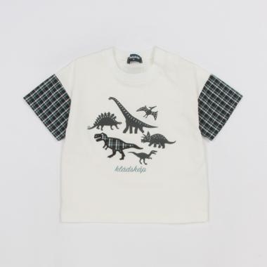 ★恐竜アップリケ袖チェック半袖Tシャツ